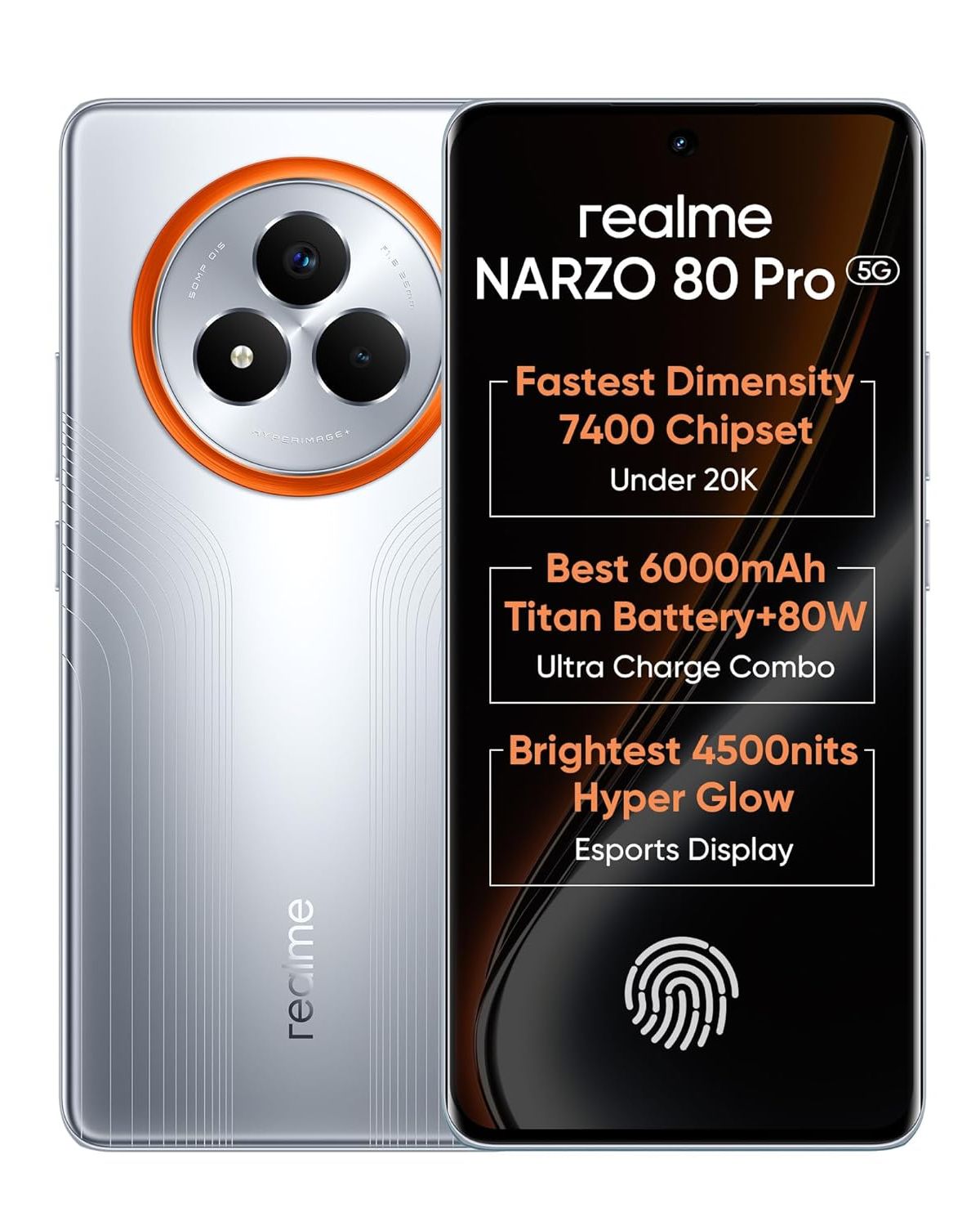 realme NARZO 80 Pro 5G (Speed Silver,12GB+256GB) | Segment's 1st MediaTek Dimensity 7400 Chipset | 6000mAh Titan Battery + 80W Ultra Charge | 4500nits HyperGlow Esports Display | IP69 Waterproof