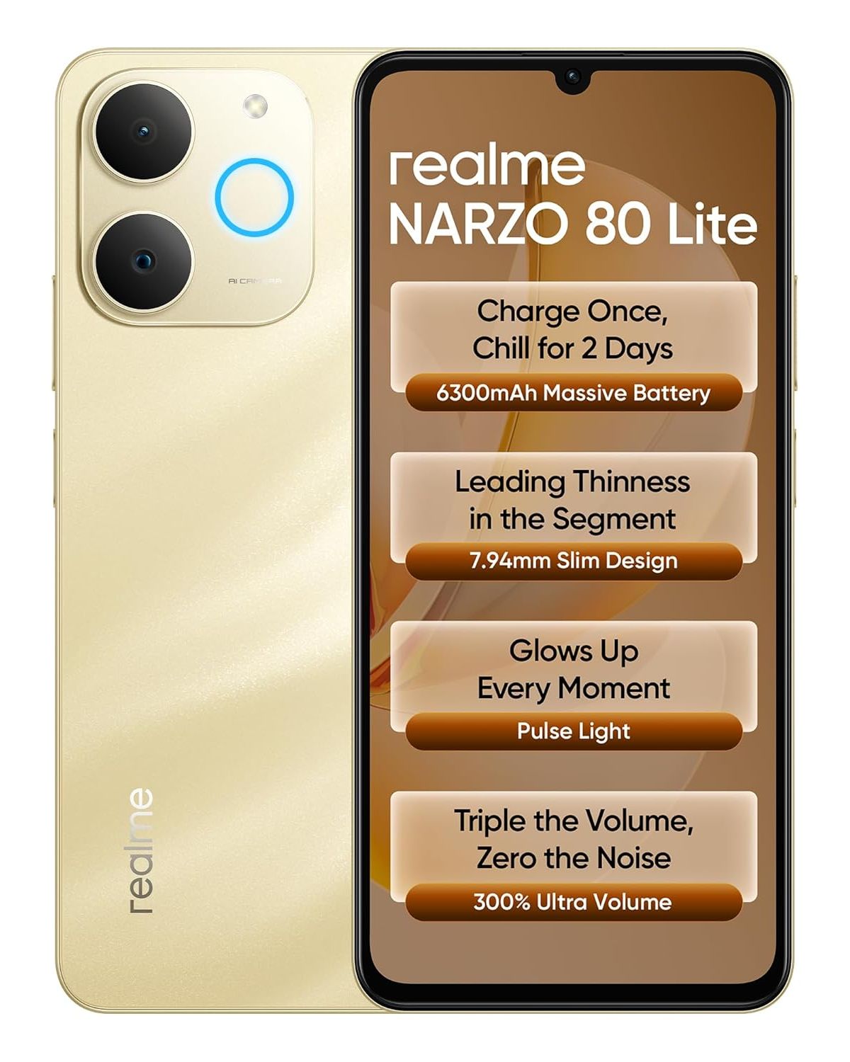realme NARZO 80 Lite 4G (Beach Gold, 6GB+128GB) | 6300mAh Segment's Biggest Battery | 7.94mm Slim Design | 300% Ultra Volume | Pulse Light: 9 Colors, 5 Glow Modes | Ai Assist