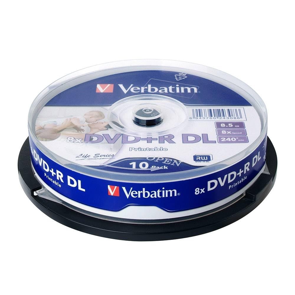 Verbatim 64308 8.5GB Blank Double Layer DVD+R DL 8X Speed IJP Ink Jet Printable White (Pack of 10 Disc Cake Box)