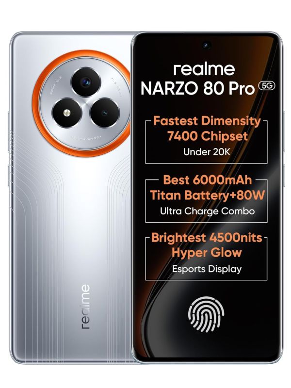 Product realme NARZO 80 Pro 5G (Speed Silver,12GB+256GB) | Segment's 1st MediaTek Dimensity 7400 Chipset | 6000mAh Titan Battery + 80W Ultra Charge | 4500nits HyperGlow Esports Display | IP69 Waterproof Image