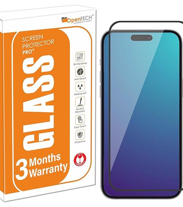 Product OpenTech® Military-Grade Premium Tempered Glass Screen Protector for iPhone 15 Pro with Edge to Edge Coverage - Case Friendly, Anti-scratch and Bubble free installation kit Image