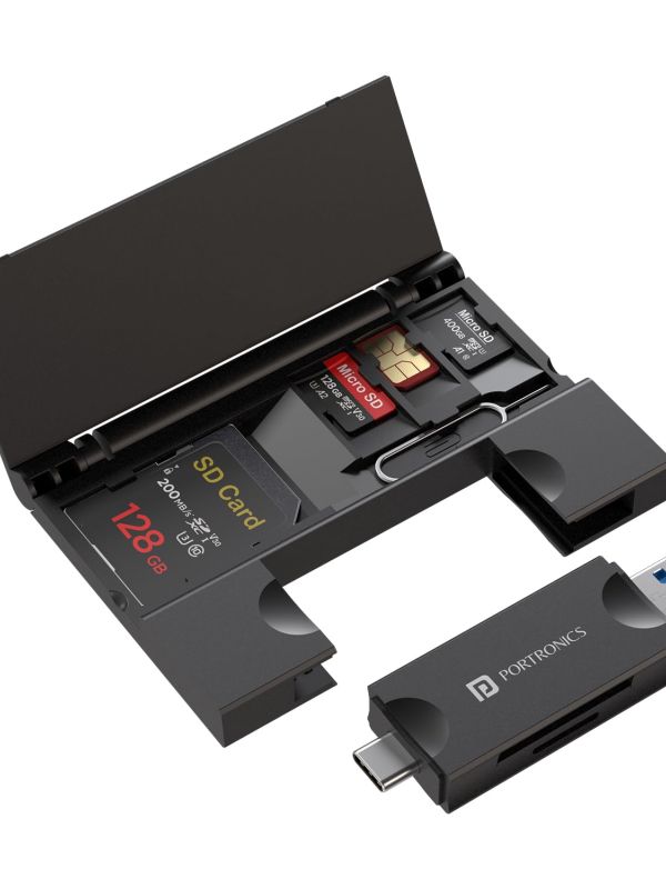 Product Portronics Mport 30 Plus Card Reader with Storage Case for microSD & SD Cards, Type-C & USB Dock Dual Plugs, Carry Case for microSD, SD, SIM Cards and SIM Ejector Tool (Black) Image