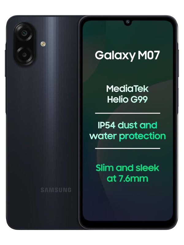 Product Samsung Galaxy M07 (Black, 4GB RAM, 64GB Storage) | MediaTek Helio G99 | IP54 Rating | 50MP Auto Focus Camera | 7.6mm Slim | 5000mAh Battery| 25W Fast Charging | 6 Gen of OS Upgrades | Without Charger Image