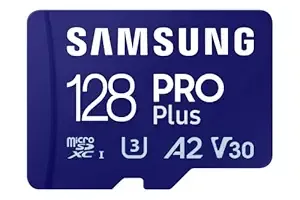 Product SAMSUNG PRO Plus microSD Memory Card + Adapter, 128GB MicroSDXC, Up to 180 MB/s, Full HD & 4K UHD, UHS-I, C10, U3, V30, A2 for Android Phones, Tablets, Action Camera, Drone, MB-MD128SA/APC Image