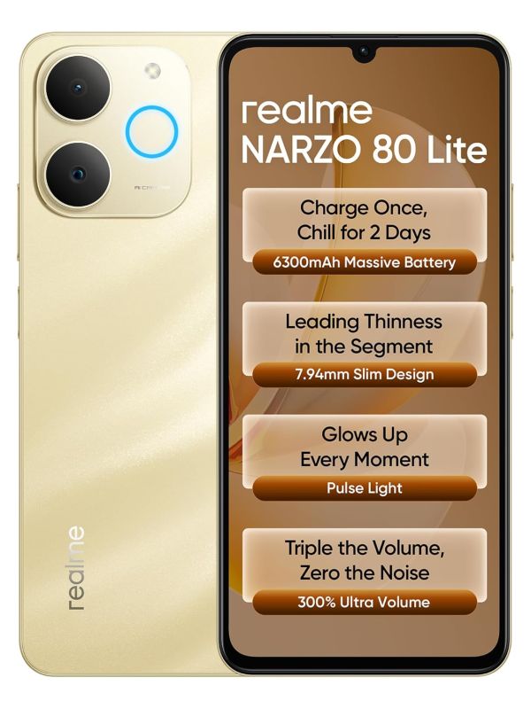 Product realme NARZO 80 Lite 4G (Beach Gold, 6GB+128GB) | 6300mAh Segment's Biggest Battery | 7.94mm Slim Design | 300% Ultra Volume | Pulse Light: 9 Colors, 5 Glow Modes | Ai Assist Image