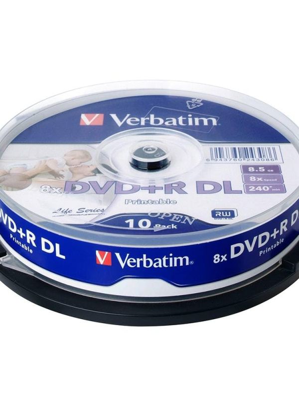 Product Verbatim 64308 8.5GB Blank Double Layer DVD+R DL 8X Speed IJP Ink Jet Printable White (Pack of 10 Disc Cake Box) Image